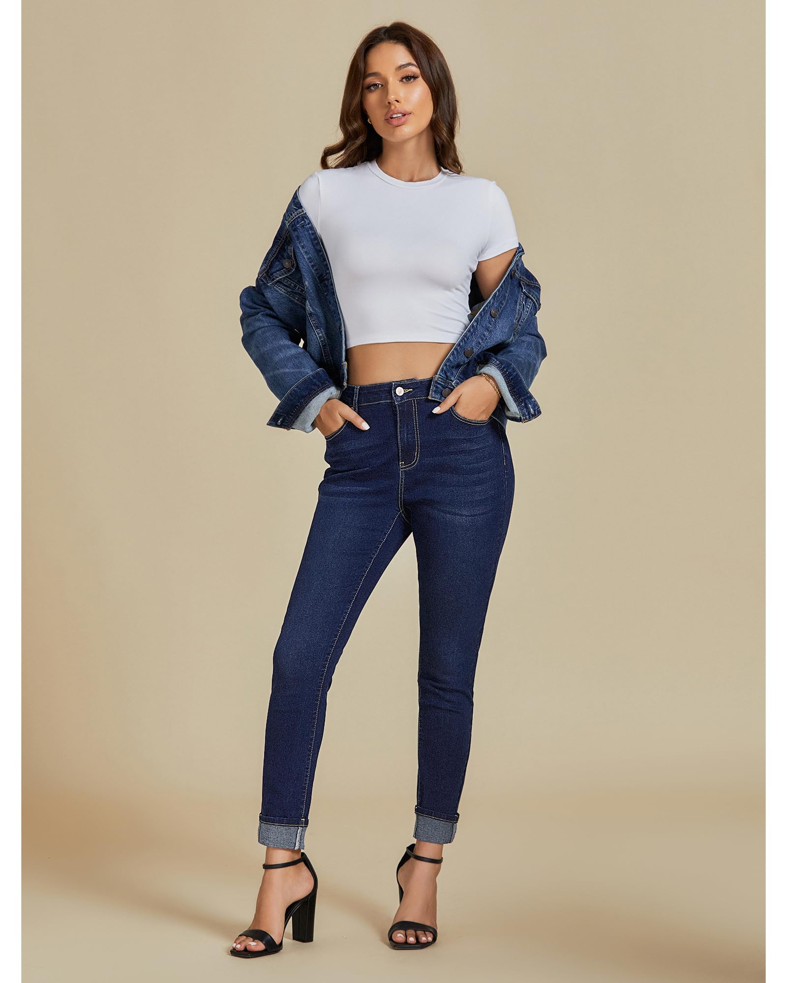 Luvamia Women's Skinny Jeans - High Waisted Slim Fit Stretch Denim Pants with Pockets | Trendy Fold Hem Jeggings for Casual Wear, Office & Night Out