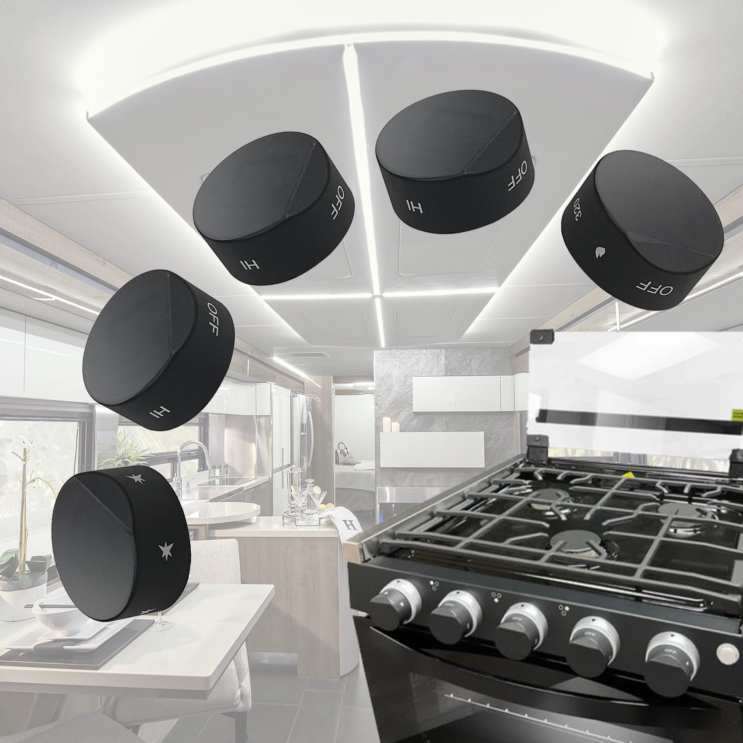 Upgraded RV Gas Range Oven Knob Replacement - Compatible with Greystone CF-RV17, CF-RV17B, CF-RV17BB, CF-RV21, CF-RV21B, CF-RV21BB Models (5-Piece Set) - Perfect for RV Kitchen Stove Repair & Maintenance