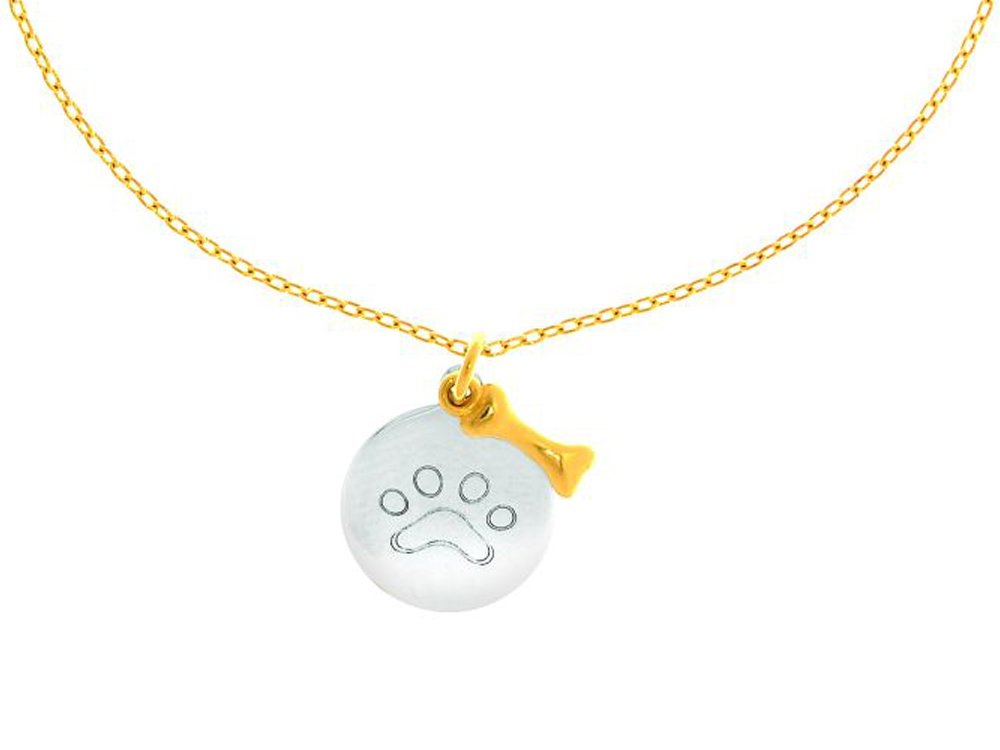 14K Yellow Gold Link Necklace with White Gold Round Flat Paw Charm & Yellow Gold Dog Bone - Perfect for Pet Lovers, Gifts, and Everyday Wear
