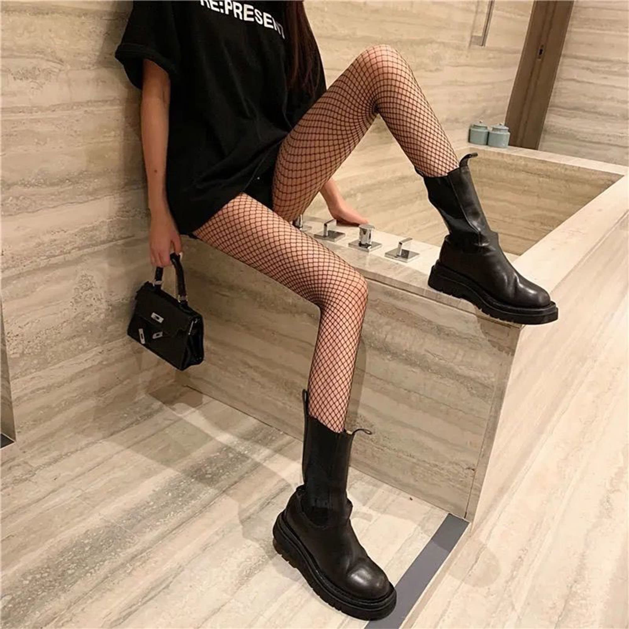 Women's Black Fishnet Tights - High Waist Semi-Transparent for Nightlife & Parties