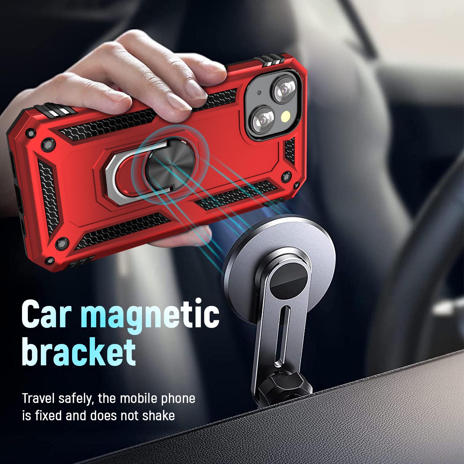 ADDIT Heavy Duty Military Grade iPhone 13 Case with Kickstand & Magnetic Car Mount - Shockproof Protective Phone Cover for iPhone 13 (Red) - Perfect for Outdoor Activities, Travel & Daily Use