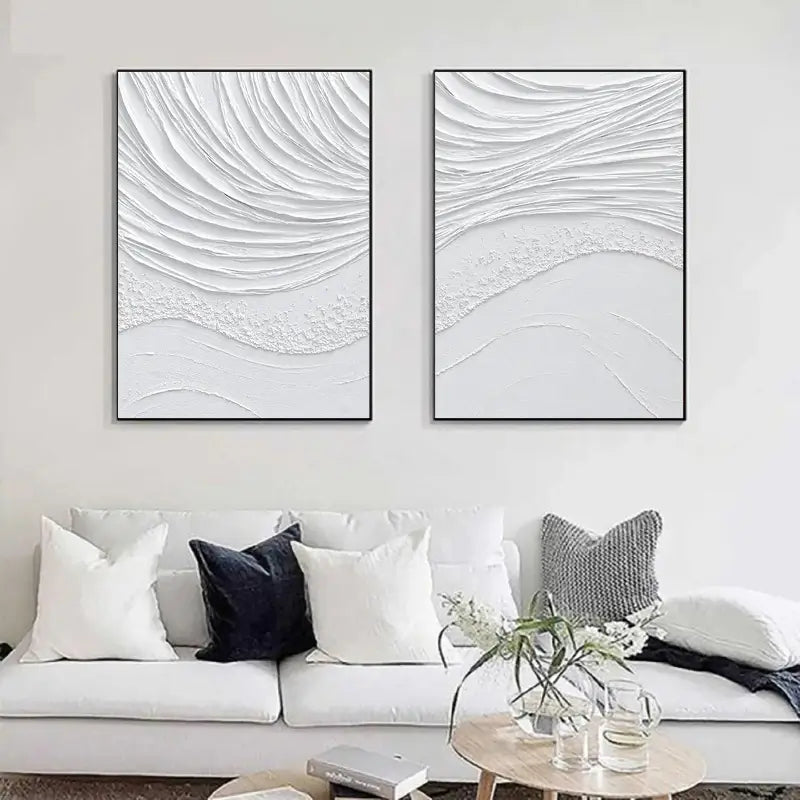 Modern White Minimalist Textured Canvas Wall Art Set of 2 - Abstract Handmade Paintings for Living Room, Bedroom & Office Decor | #MM062