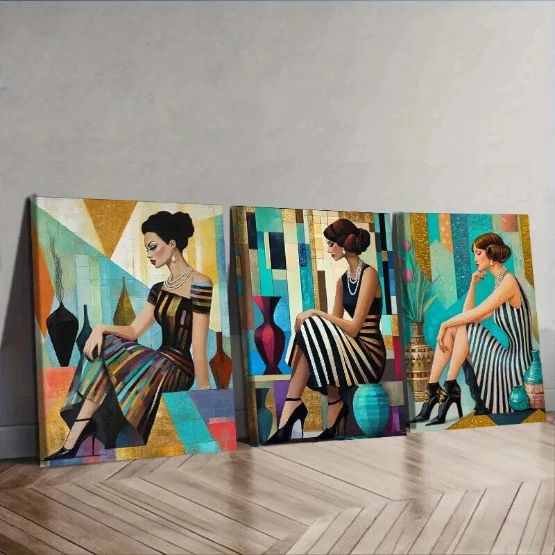 3-Piece Retro Fashion Girl Wall Art Canvas Framed Set - 50x70cm High Quality Print - 100% Australian Made - Ready to Hang - Perfect for Living Room, Bedroom & Office Decor