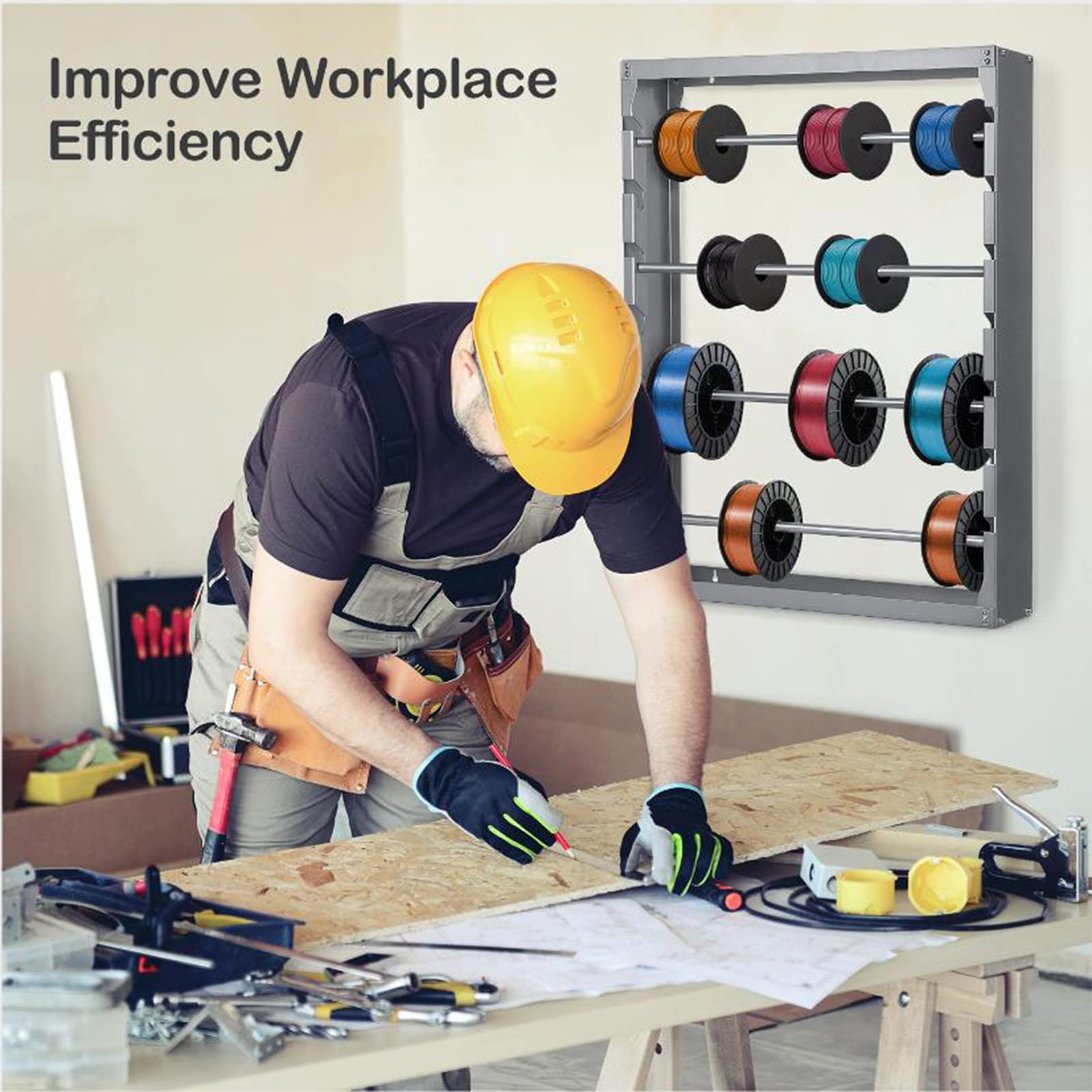 Wall Mounted Wire Spool Rack - 4 Adjustable Cold-Rolled Steel Rods Cable Organizer for Electrical Tools, Ribbon Storage & Industrial Use | Perfect for Workshop, Garage & Retail Store Organization (Gray)