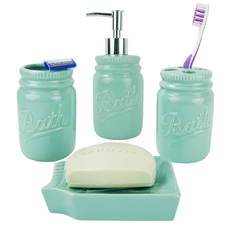 4-Piece Ceramic Mason Jar Bathroom Set in Mint - Modern Farmhouse Style Toothbrush Holder, Soap Dispenser, Cotton Swab Jar & Tumbler - Perfect for Bathroom Organization and Rustic Home Decor