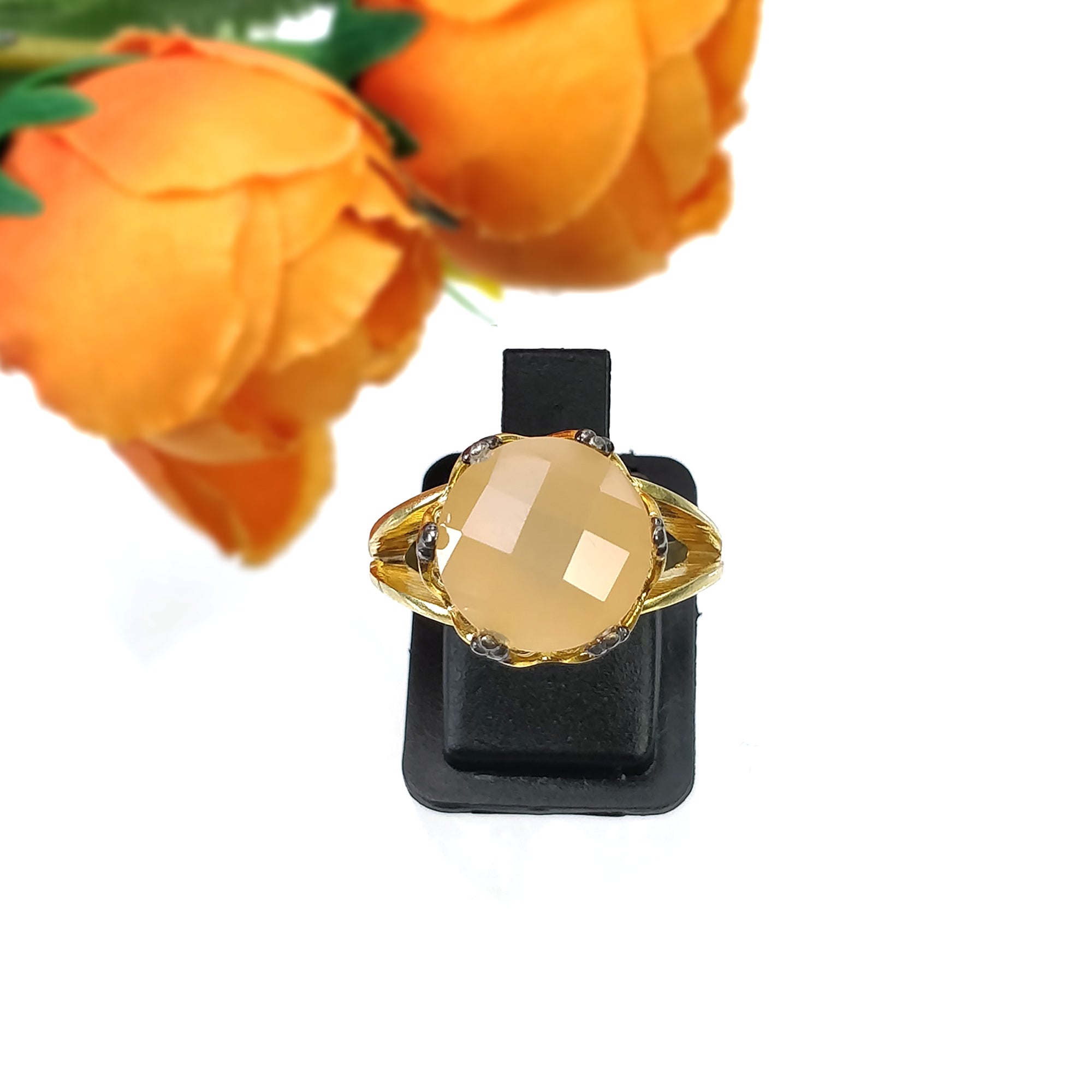 925 Sterling Silver Ring with Natural Yellow Moonstone - Round Checker Cut Prong Set Gold Plated Statement Ring Size 7US | Elegant Jewelry for Women, Perfect for Weddings, Parties & Everyday Wear