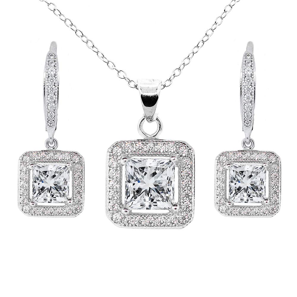 Cate & Chloe Ivy 18k White Gold Cubic Zirconia Pendant Necklace & Dangle Earrings Set for Women | Princess Cut Bridal Jewelry | Perfect for Weddings, Anniversaries & Special Occasions