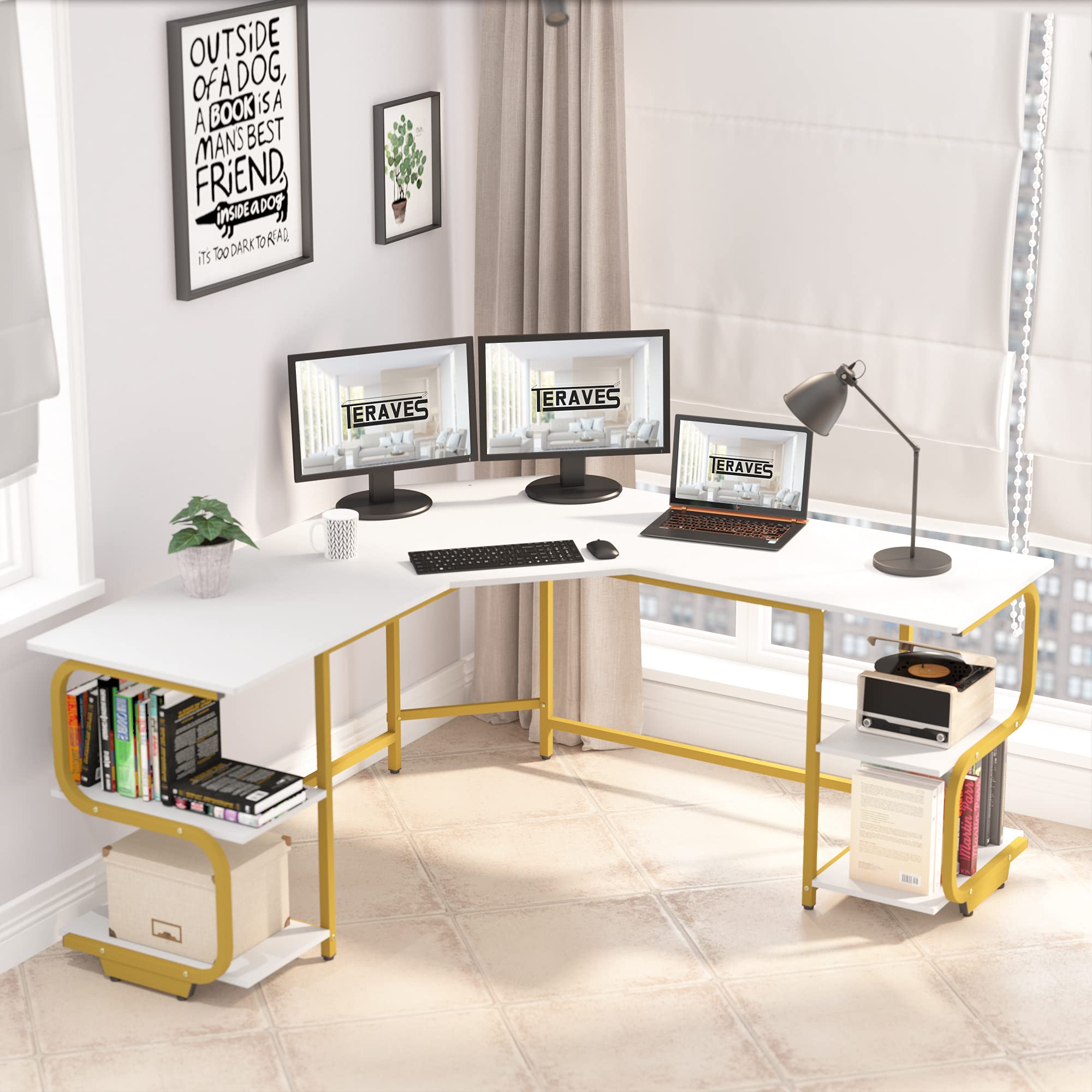 Modern L-Shaped Computer Desk with 4-Tier Shelves, 54.21