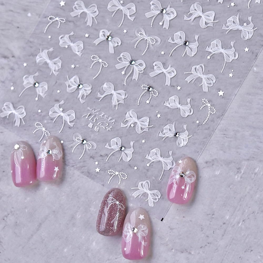 Elegant White Lace Bow Nail Stickers - DIY Nail Art Supplies with Rhinestones & Crystal Diamonds for Manicure Designs | Perfect for Weddings, Parties & Special Occasions