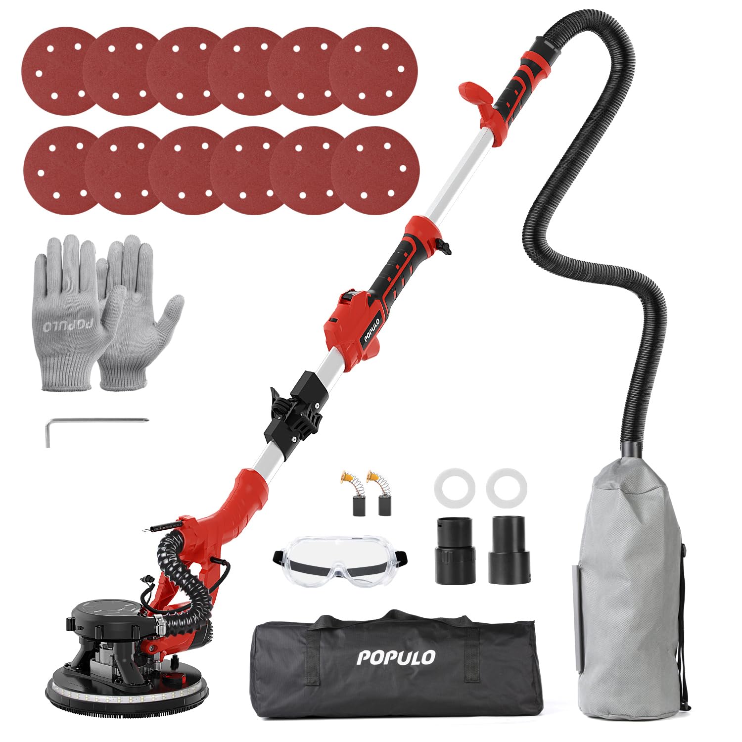 POPULO 810W 7A Electric Drywall Sander with Vacuum Attachment - 6 Speed Adjustable (1800RPM) Wall & Ceiling Sanding Tool with LED Light - Perfect for Drywall Repair, Home Renovation & Professional Construction Projects