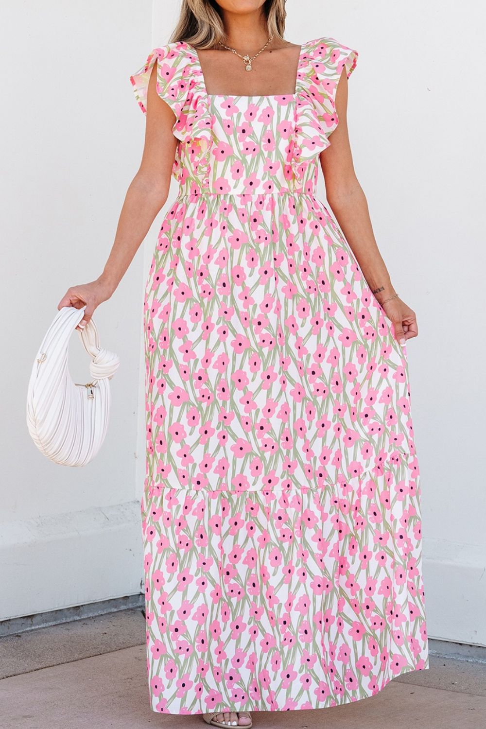Elegant Pink Ruffled Cap Sleeve Maxi Summer Dress for Women - Perfect for Beach Vacations, Weddings & Summer Parties