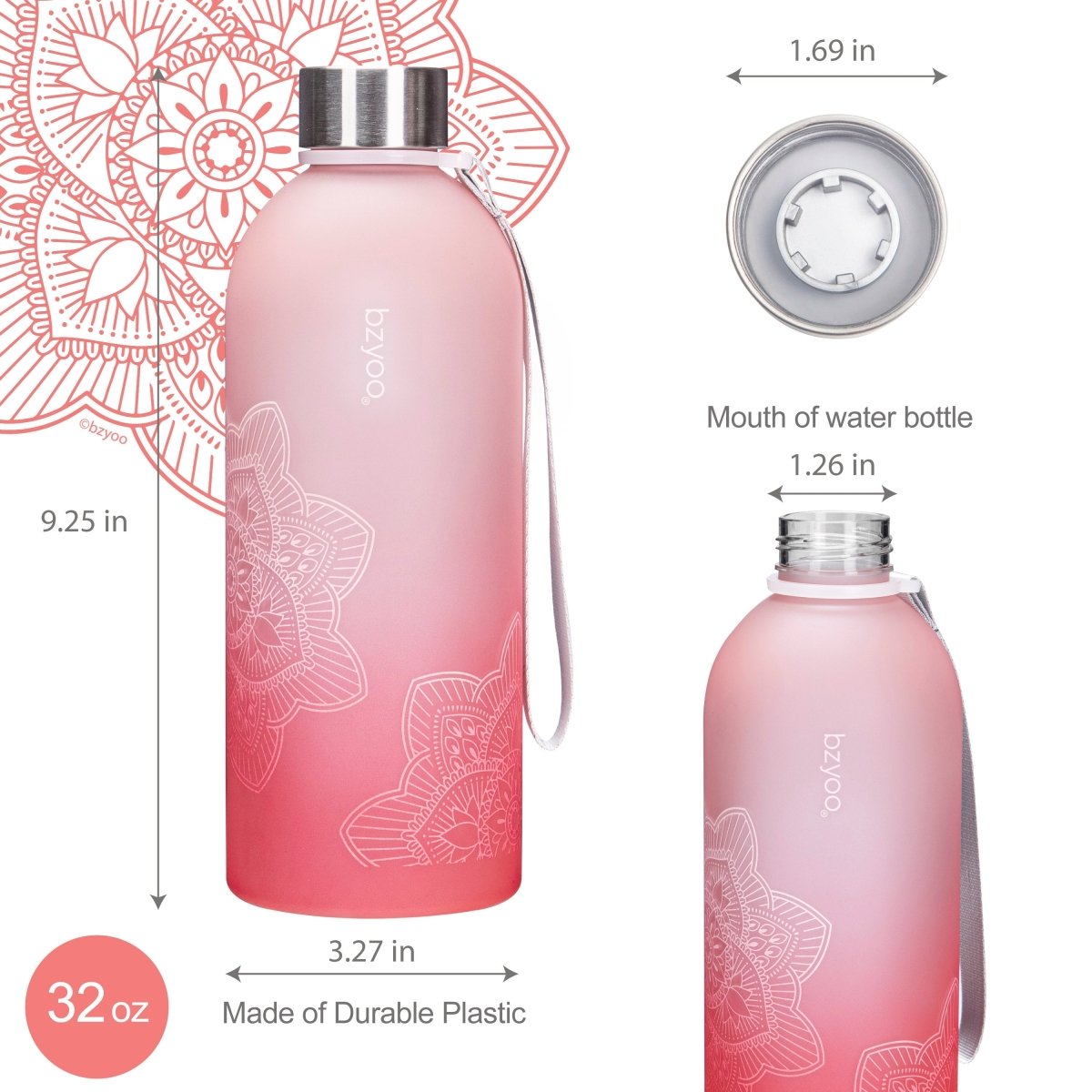 32oz La La Mandala Time Marker Tritan Water Bottle with Carrying Strap - Ombre Red | BPA-Free Leakproof Water Container for Gym, Yoga, Hiking & Outdoor Activities | Motivational Hydration Tracking Bottle for Fitness Enthusiasts