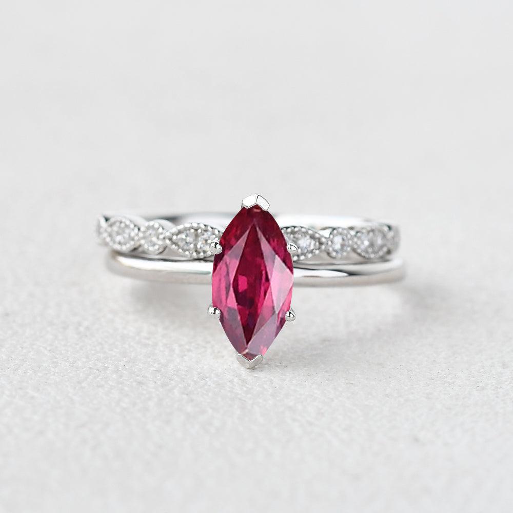 1.0 Carat Marquise Cut Ruby Vintage Solitaire Ring Set - 2 Piece Bridal Jewelry for Engagement & Wedding - Perfect for Vintage Lovers & Special Occasions