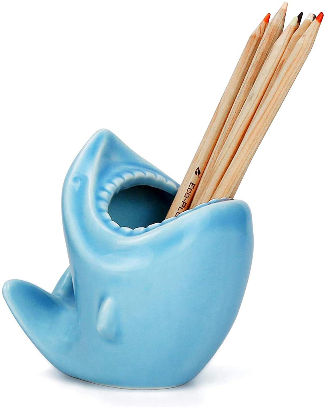 Shark Shaped Ceramic Desk Organizer - Cute Pencil Holder, Succulent Planter & Makeup Brush Storage for Home Office Decor (Blue) | Perfect for Desk Organization, Plant Lovers & Beauty Essentials