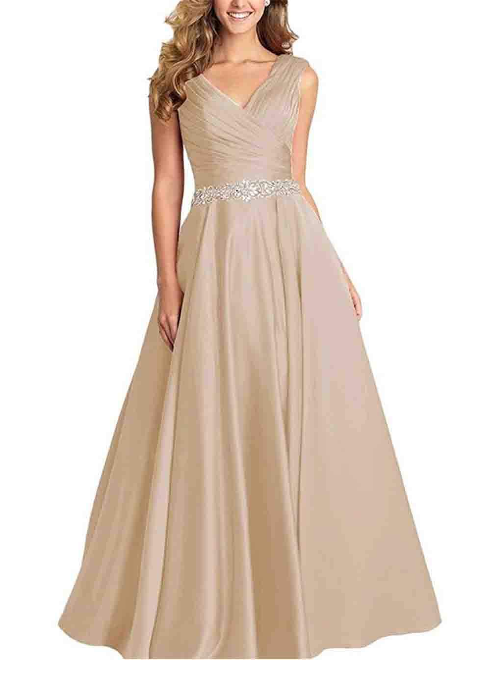 Honeydress Women's A-Line V-Neck Sleeveless Prom Dress - Long Beaded Satin Formal Gown for Evening Party, Homecoming, Wedding Guest & Special Occasions