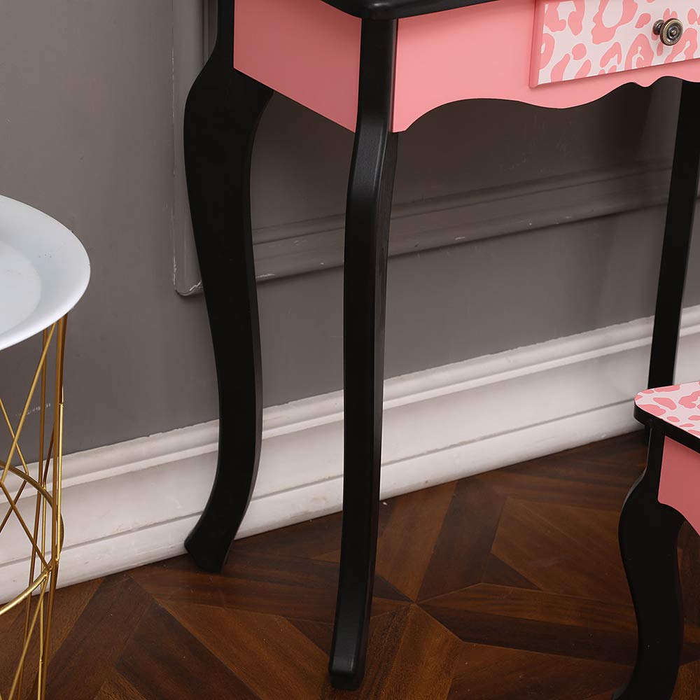 **Girls Wooden Vanity Table with Stool - 2-in-1 Detachable Dressing Table & Writing Desk, Princess Makeup Vanity Set, Pink Leopard Print - Perfect for Bedroom, Kids Room, and Birthday Gifts**
