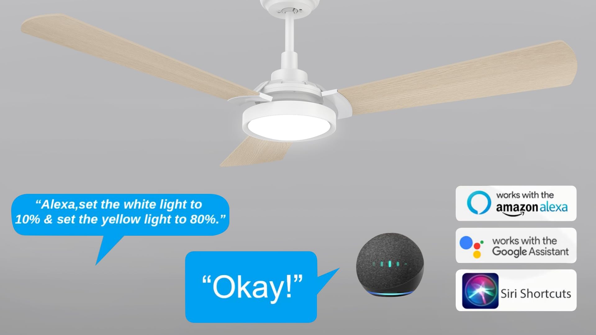 52 Inch Smart WiFi Ceiling Fan with Dimmable LED Light & Remote Control - Works with Alexa, Google Home & Siri - 10 Speed DC Motor - Timer & Scheduling - Indoor/Outdoor Use - Perfect for Living Room, Bedroom, Patio & Covered Porch