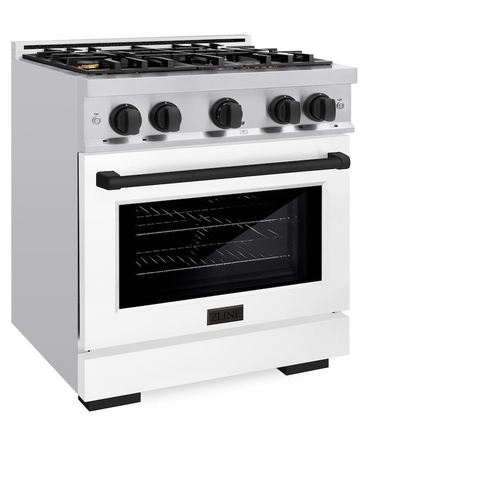 ZLINE Autograph Edition 30-inch 4.2 cu. ft. Stainless Steel Gas Range with 4-Burner Cooktop & Convection Oven - White Matte Door & Black Accents (HGRZ WM 30 MB) for Professional Home Kitchens & Modern Cooking