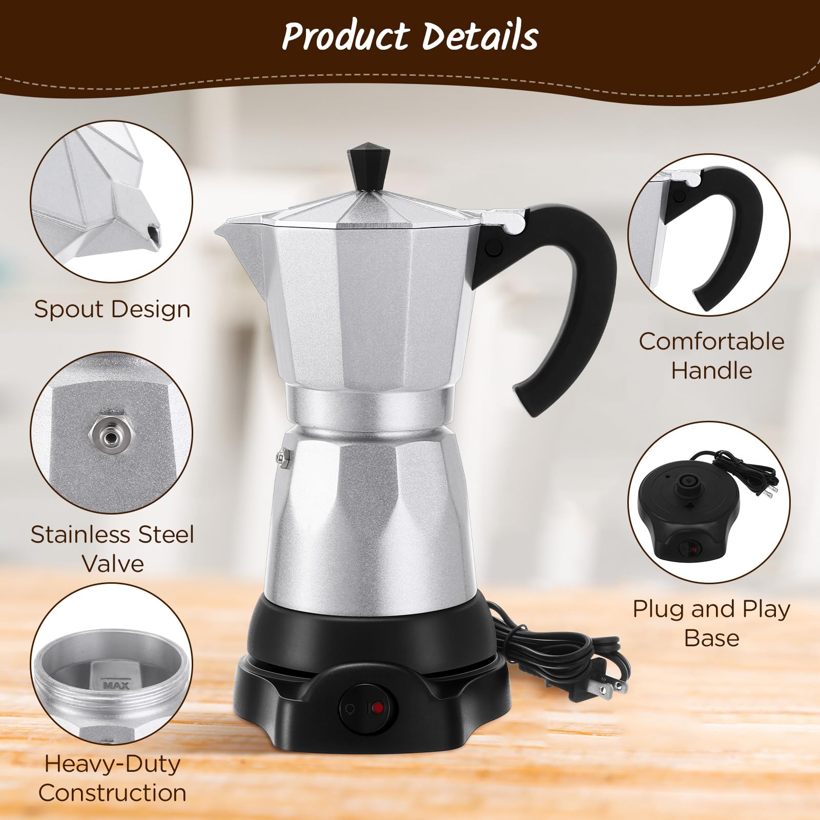 6 Cup Electric Espresso Coffee Maker - Italian Moka Pot 300ml Portable Aluminum Stovetop Coffee Machine with Detachable Base, Perfect for Home, Office & Travel - Great Gift Idea (Aluminum Color) | Brew Authentic Italian Coffee Anywhere