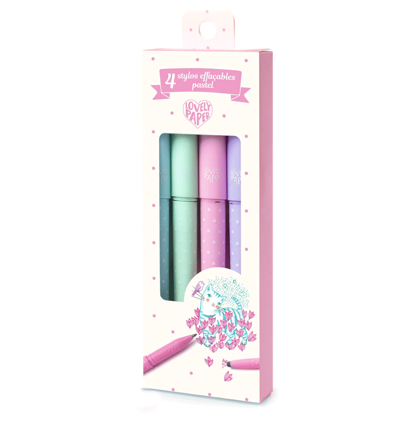 4 Pack Pastel Erasable Pens by Djeco - Lovely Paper Design for Journaling, Note Taking & School Supplies