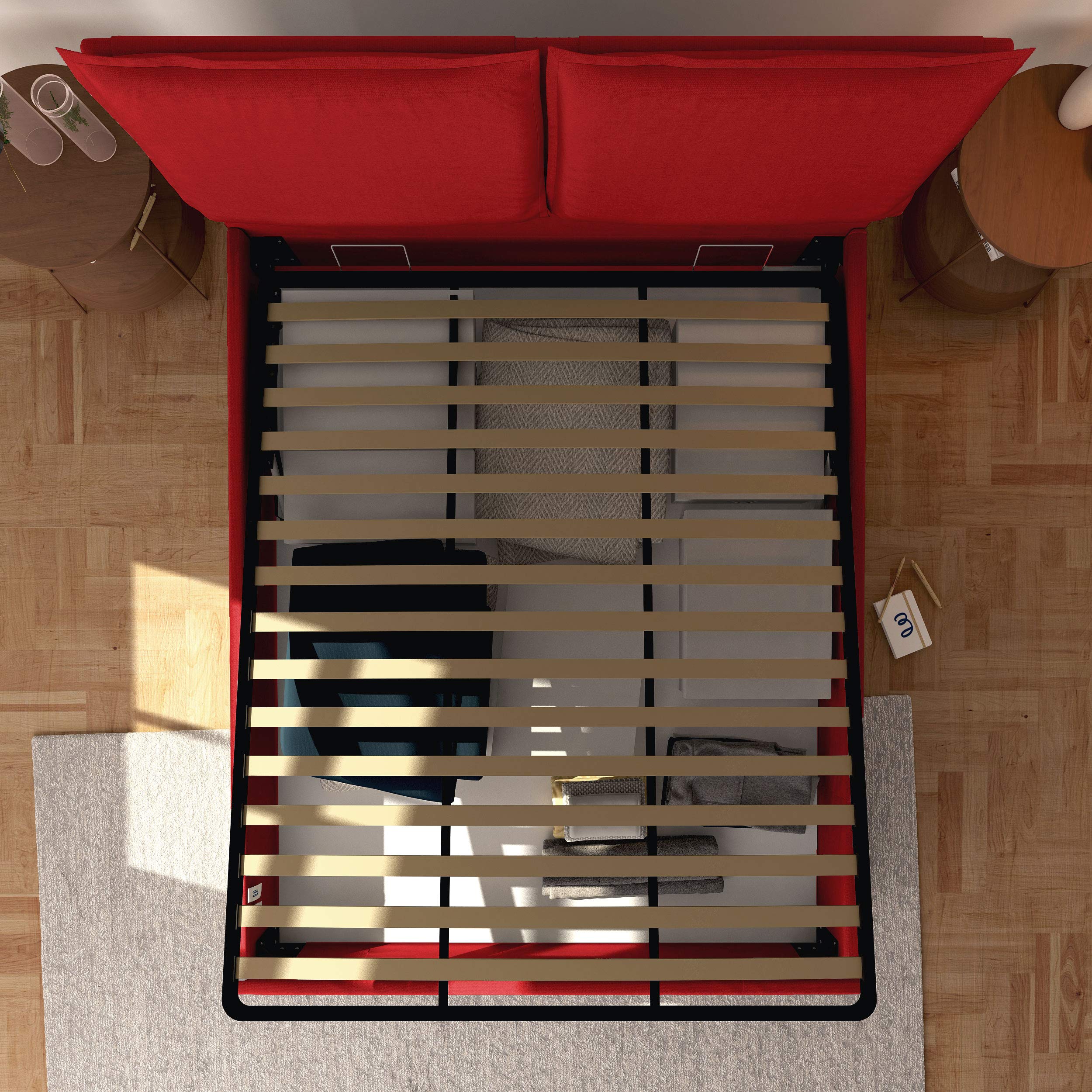 Baldiflex Licia Queen Size Storage Bed Frame with Upholstered Headboard - Synthetic Leather, Slatted Base for 160x200cm Mattress, Red - Perfect for Modern Bedrooms & Guest Rooms
