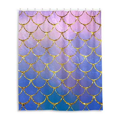Mermaid Scale Shower Curtain with Gold Glitter - Waterproof Bathroom Curtain 60x72 Inches - Fish Scale Design for Bathtub & Shower Stall - Luxury Hotel Quality Home Decor for Bathroom, Spa & Beach House