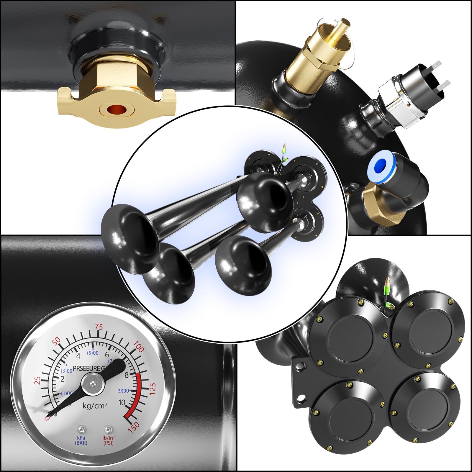 150DB Ultra Loud Train Air Horn Kit for Trucks - 4 Horns, 12V 150 PSI Air Compressor with Built-in 90-120 PSI Pressure Switch & Temperature Controller - 1.59 Gallon Black Tank - Perfect for Emergency Vehicles, Off-Roading & Marine Use