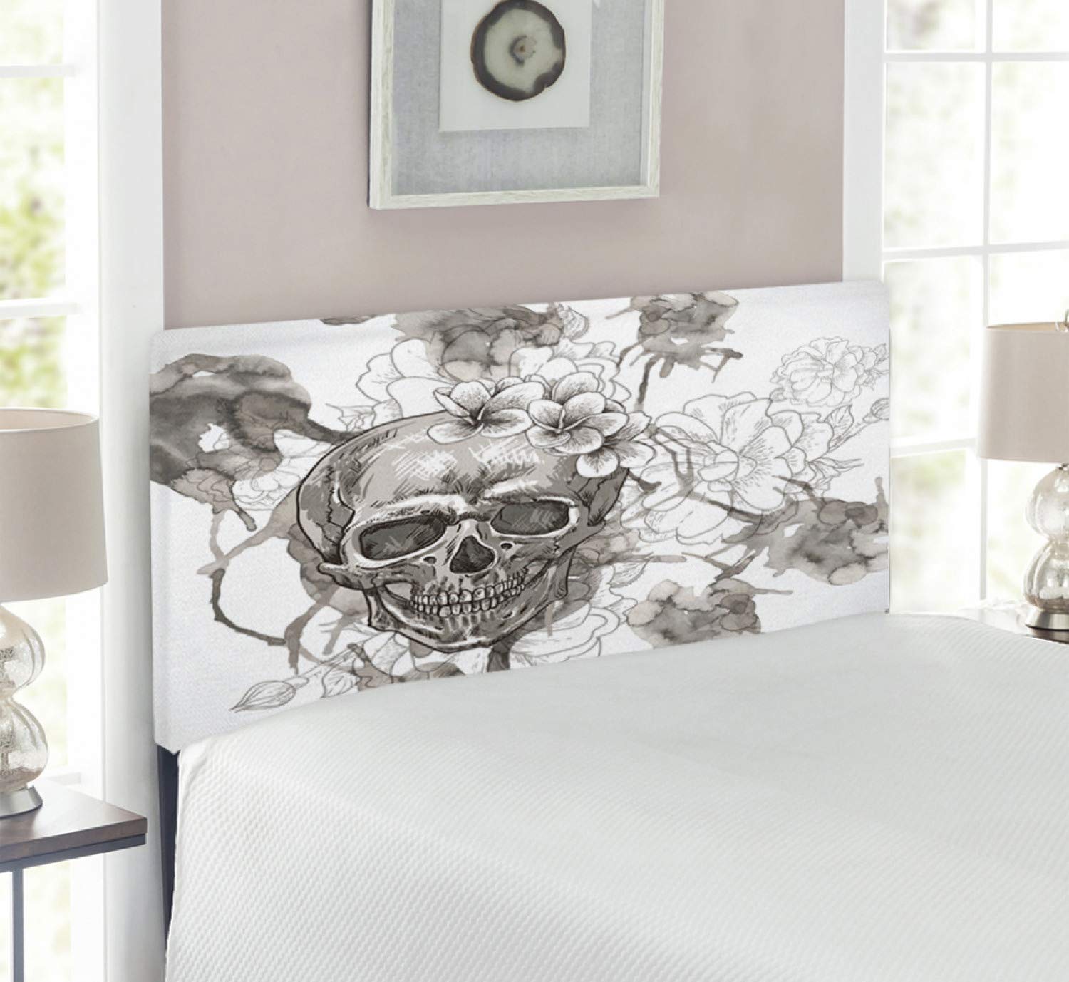Ambesonne Day of The Dead Headboard - Mexican Skull & Flower Print Upholstered Metal Bed Frame with Memory Foam | Twin Size in Dimgrey & White | Perfect for Dorm Rooms, Guest Bedrooms & Dia de Los Muertos Themed Decor