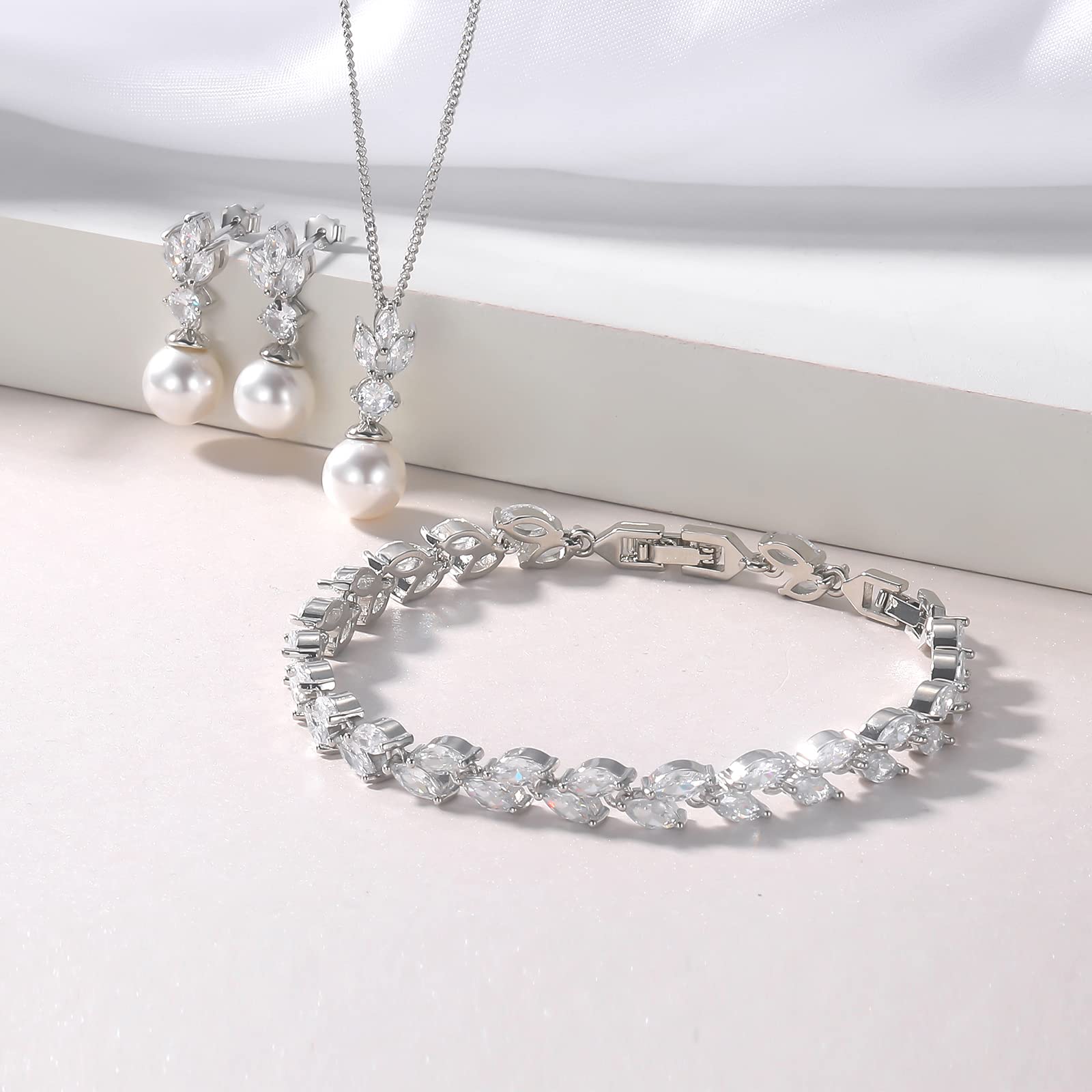 EPIRORA Pearl Earrings Necklace Bracelet Set - Elegant Cubic Zirconia Wedding Jewelry for Bride & Bridesmaid | Women's Prom Party Jewelry Set | Perfect for Weddings, Anniversaries & Special Occasions