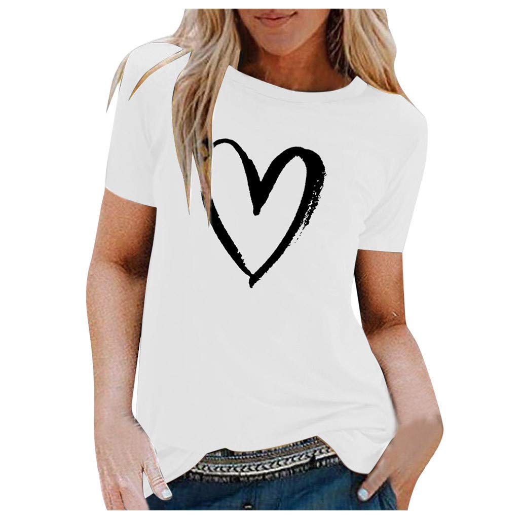 Heart Print Women's Short Sleeve Workout Tops - Black Graphic Tees Slim Fit Crop Top Summer Blouses for Gym, Running, Yoga & Casual Outfits