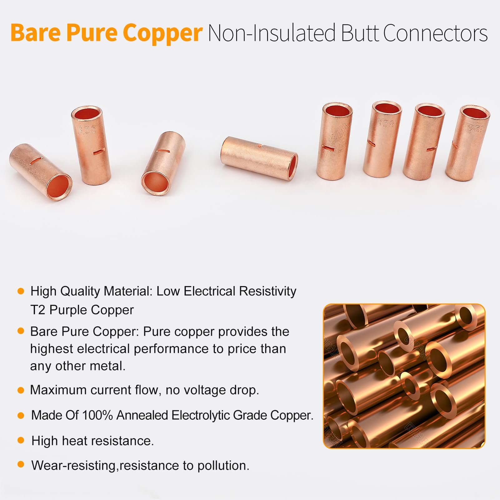 380PCS Pure Copper Non-Insulated Butt Connector Kit - 26-6 Gauge Wire Crimp Terminals for Automotive, Marine & Electrical Wiring Projects | High Conductivity Bare Splice Connectors for Reliable Wire Connections