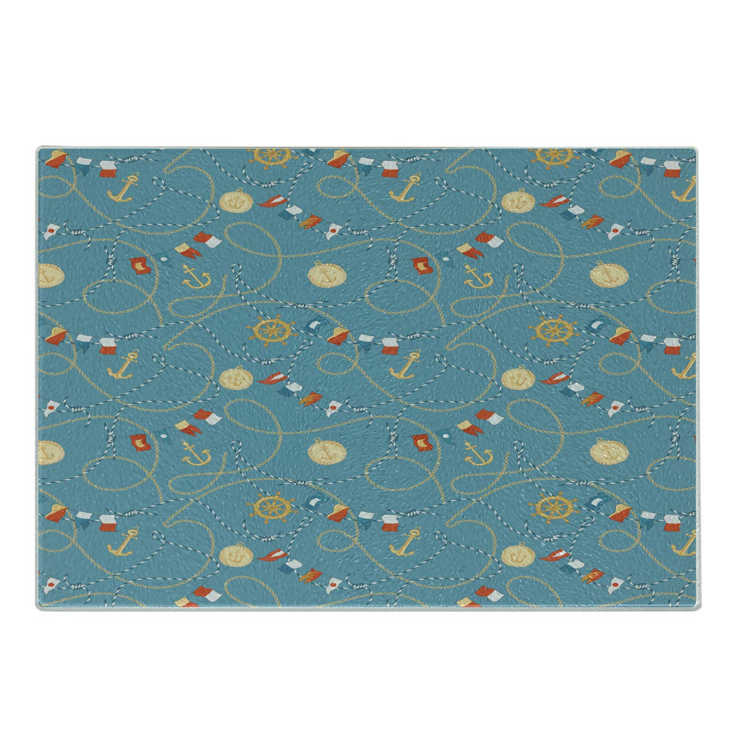 Ambesonne Nautical Themed Cutting Board - Sailor Anchor Medals, Chains, Flags & Steering Wheel Design - Tempered Glass Decorative Serving Board - Small Size in Cadet Blue & Beige - Perfect for Kitchen Prep, Charcuterie Displays & Coastal Themed Parties