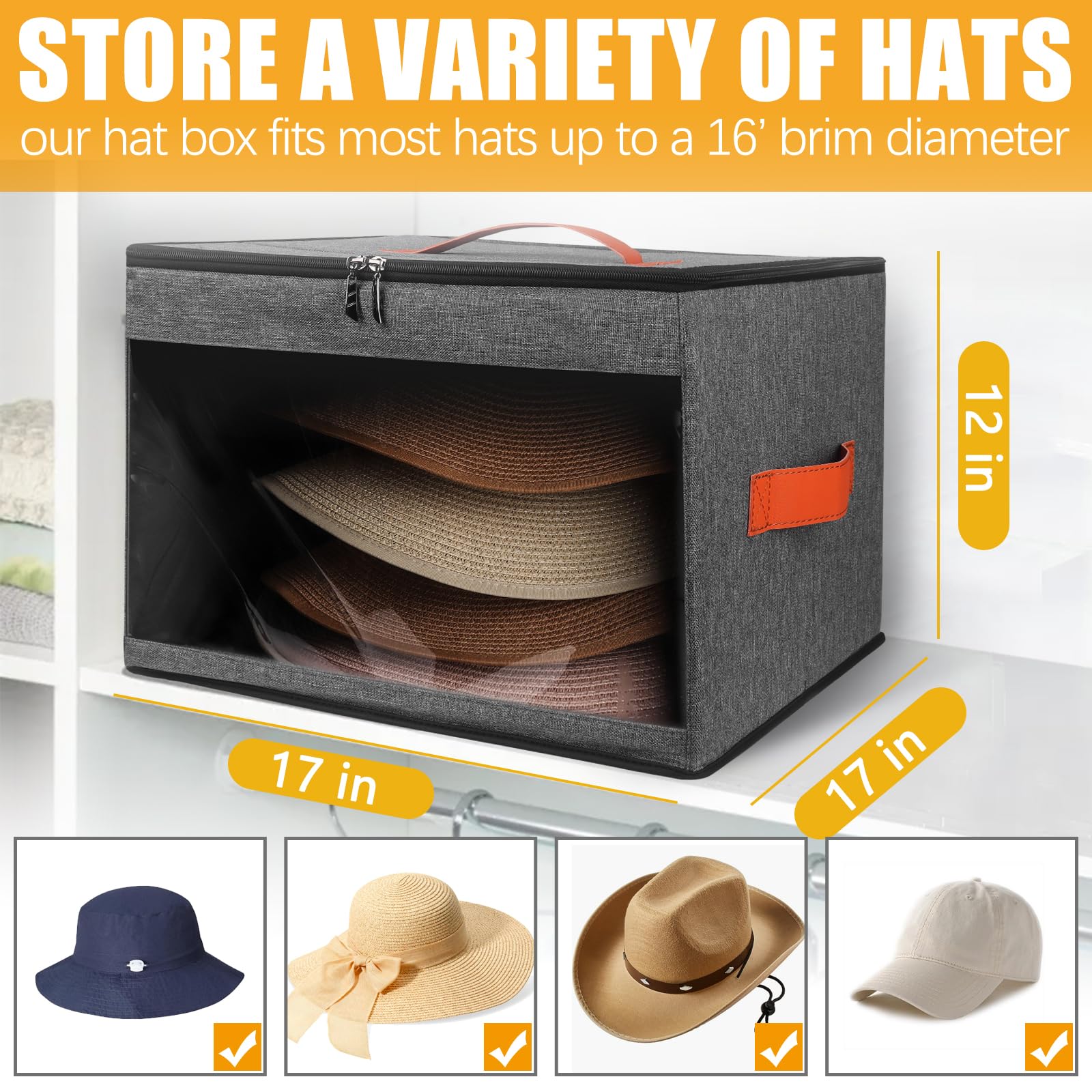 Premium Hat Storage Box for Women & Men - Dustproof Closet Organizer with Lid, Travel Hat Carrier Case for Cowboy Hats, Fedoras & Caps | Perfect for Home Closet Organization & Travel Accessories