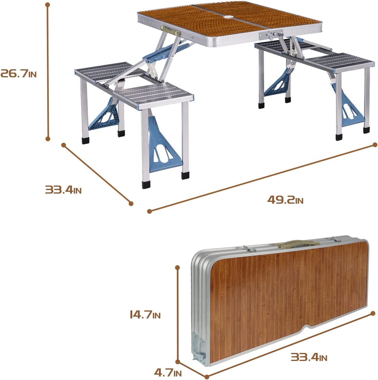 EUROSAKURA Portable Folding Picnic Table Set with 4 Seats, Umbrella Hole & Aluminum Frame - Lightweight Compact Camping Table for Beach, Backyard, Travel, Parties (Silver) | Perfect for Outdoor Picnics, BBQs, Camping Trips and Tailgating