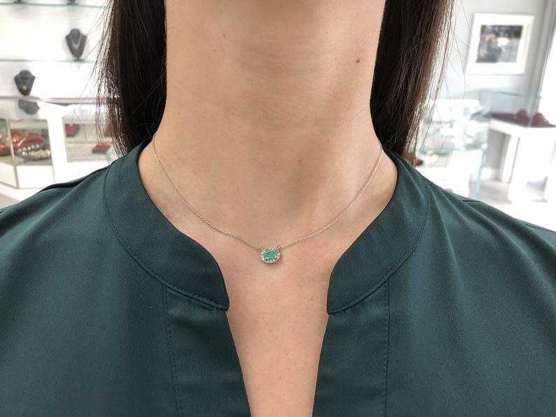 1.10tcw Oval Emerald & Diamond Halo Necklace in 14K Gold - Elegant Jewelry for Women, Perfect for Weddings, Anniversaries & Special Occasions