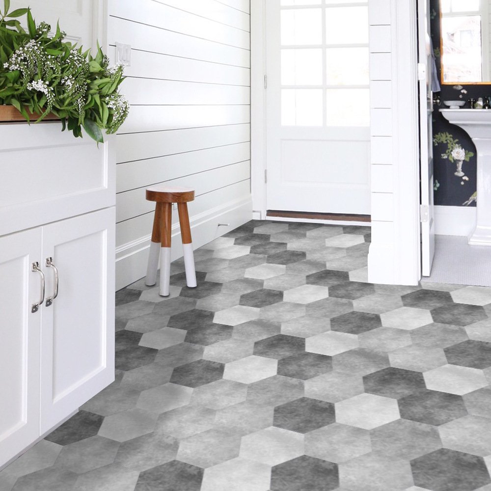 Hexagonal Self-Adhesive Floor Tile Stickers - Non-Slip Waterproof Vinyl Flooring for Kitchen, Bedroom, Bathroom & Balcony - Ash Gray Peel and Stick Tiles (60 Pcs/6 Sets) - Perfect for Home Renovation, DIY Projects & Rental Apartment Upgrades
