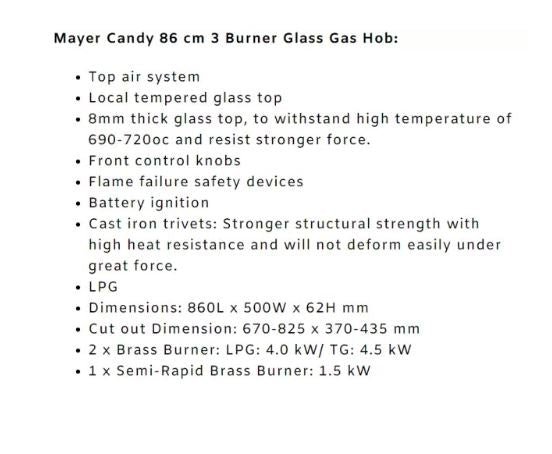 86cm Glass Top 3 Burner Gas Hob - Premium Candy Gas Stove for Modern Kitchens | Perfect for Cooking, Baking & Family Meals