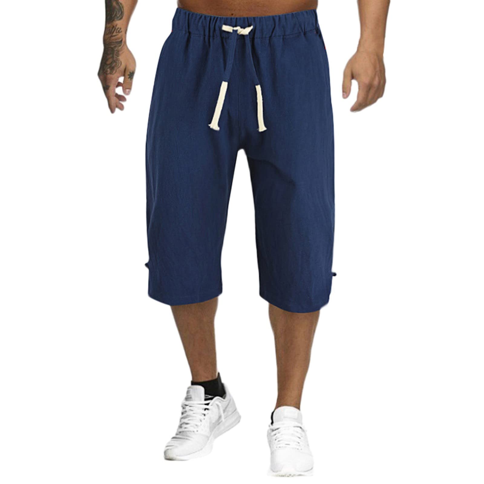 Men's Linen Capri Pants - Lightweight Casual Harem Pants with Drawstring Elastic Waist, 3/4 Length Baggy Yoga Pants for Beach, Summer & Lounge Wear