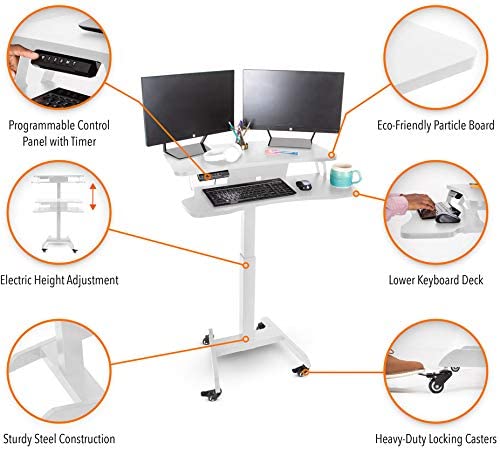 Stand Steady Cruizer Premier Electric Mobile Podium Desk with Keyboard Tray - Adjustable Height Sit Stand Desk with Wheels & Programmable Control Pad - Portable Lectern for Office, Classroom, Conference & Home Use (White)