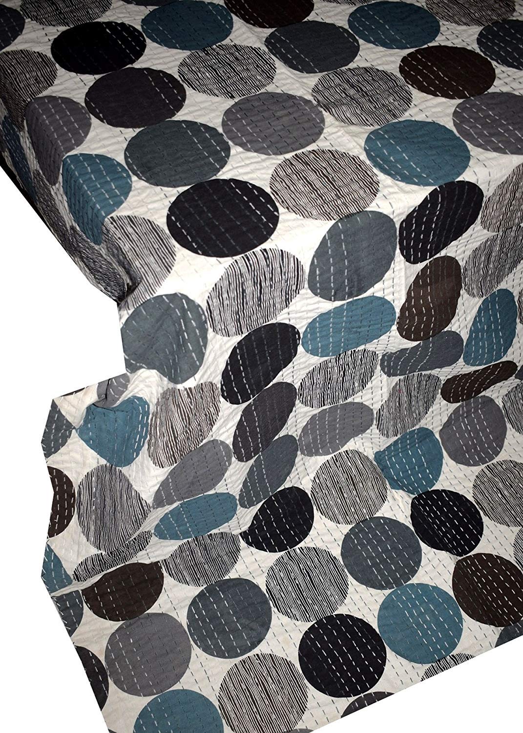 Sophia-Art Handmade Kantha Quilt Queen Size - Indian Sari Bedspread Blanket & Throw - Black Polka Dot Ethnic Home Decor for Bedroom, Living Room, Sofa - Perfect for Cozy Nights and Boho Chic Style