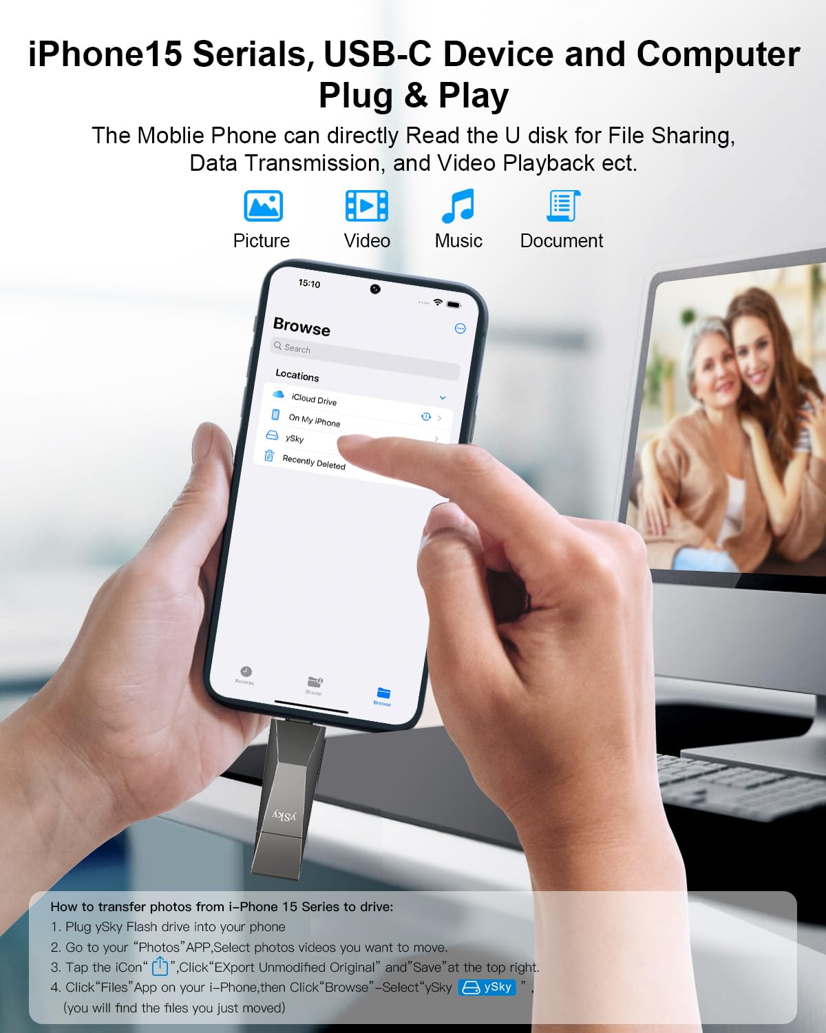 512GB USB 3.2 Flash Drive - 1000MB/s High-Speed USB-C & USB 3.2 Gen 2 Dual Interface Thumb Drive - Portable SSD Memory Stick for iPhone 15 Series, MacBook, Laptops - Perfect for Photo Storage, File Transfer & Data Backup