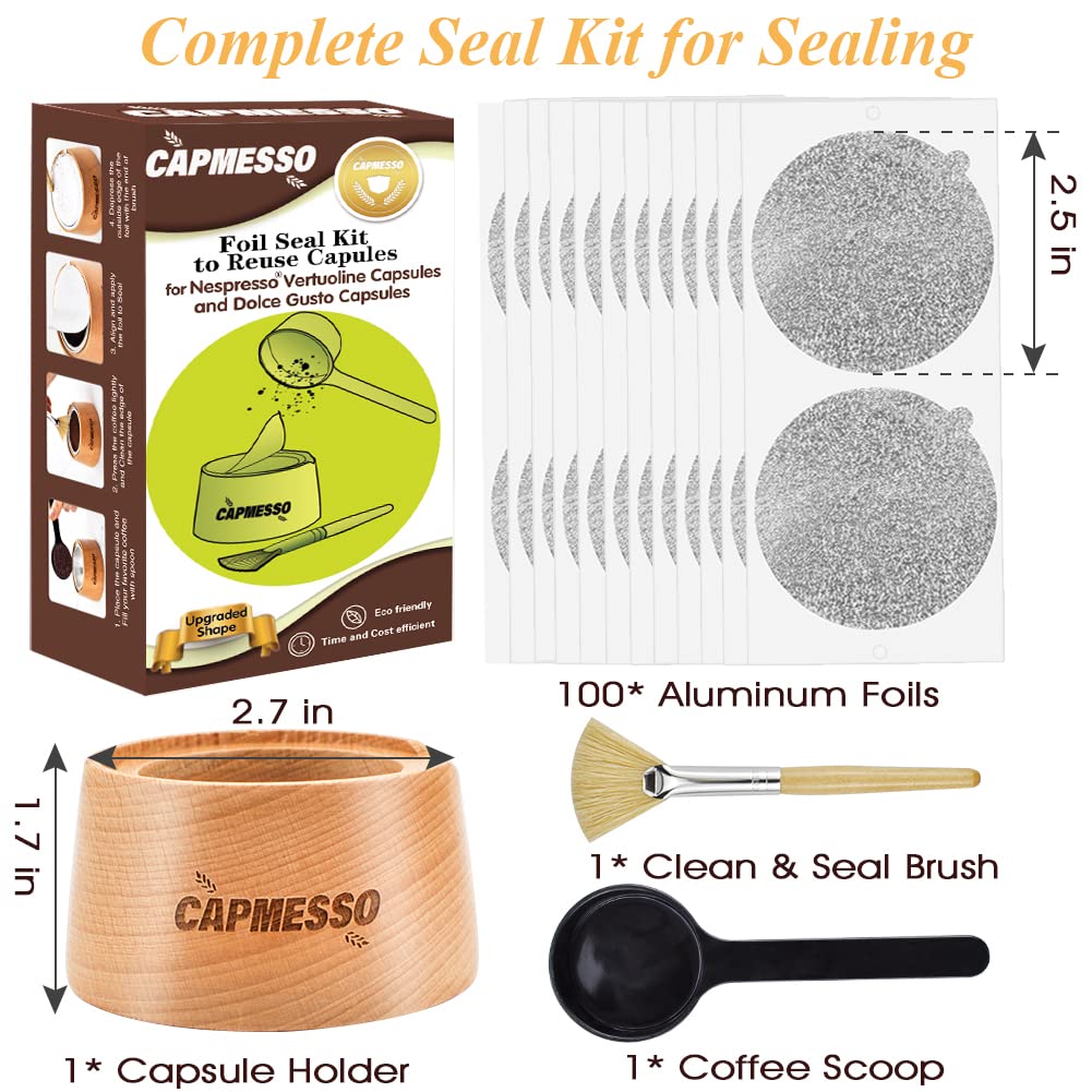 CAPMESSO Aluminum Foil Seals Kit for Reusable Nespresso Vertuo Pods - 100 Lids & Complete Seal Kit for Refillable Vertuoline Capsules | Eco-Friendly Coffee Pod Accessories for Home & Office Use