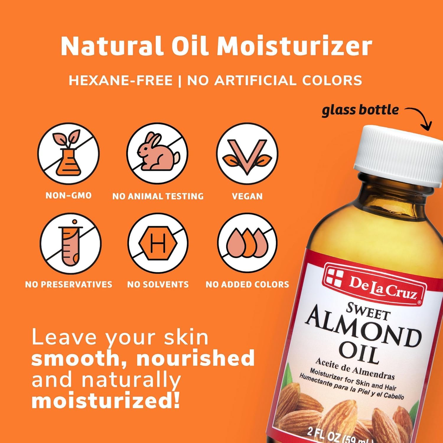 De La Cruz Sweet Almond Oil for Hair & Skin - Natural Moisturizer, 3-Pack of 2 Fl Oz Glass Bottles - Perfect for Dry Scalp, Face Care & Massage Therapy