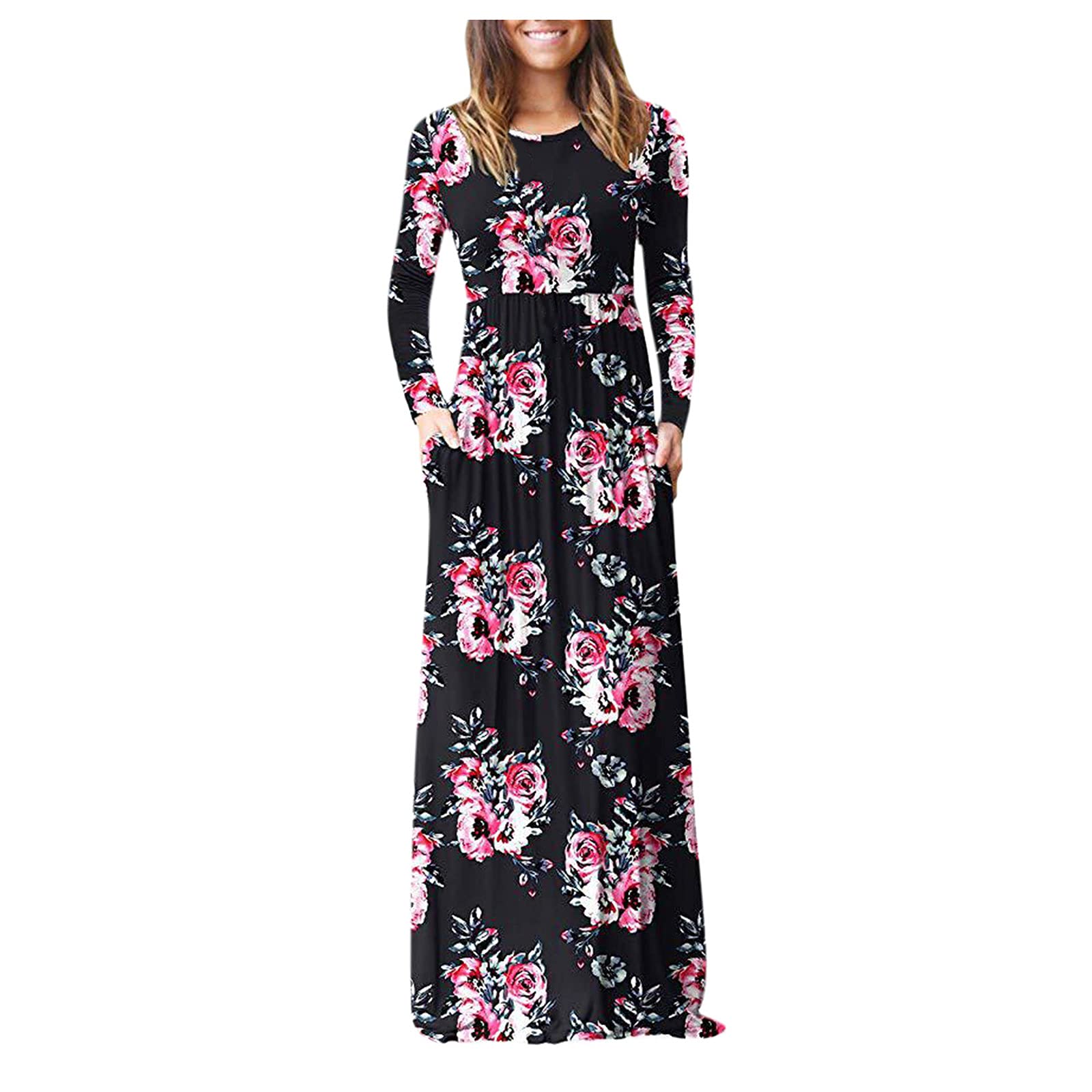 Women's Floral Print Long Sleeve Maxi Dress with Pockets - Casual Loose Fit Ruched Swing Dress for Everyday Wear, Date Night & Vacation Outfits