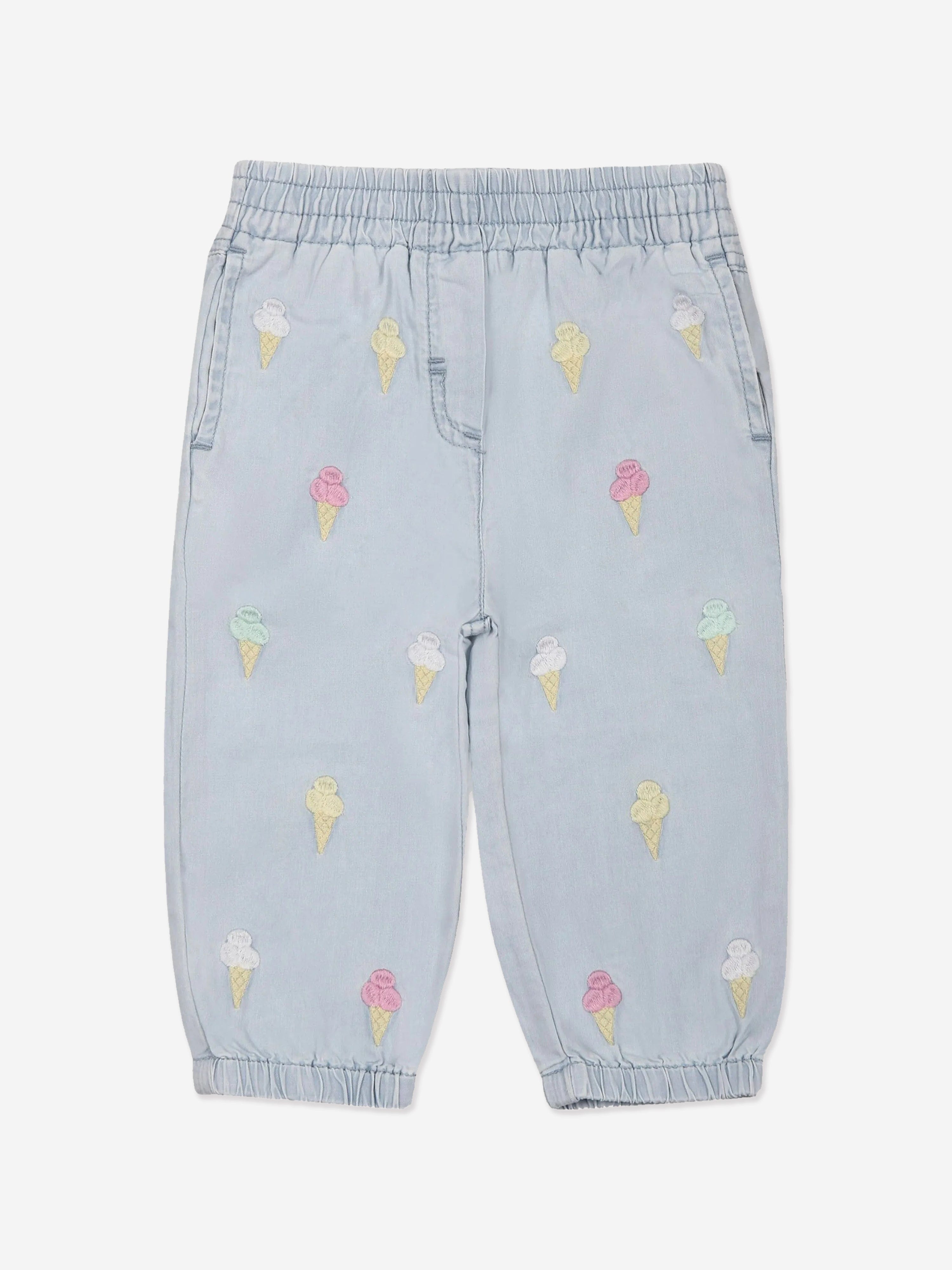 Adorable Baby Girls' Embroidered Ice Cream Print Cotton Pants - Soft Blue Casual Trousers for Toddler Playtime & Photo Shoots