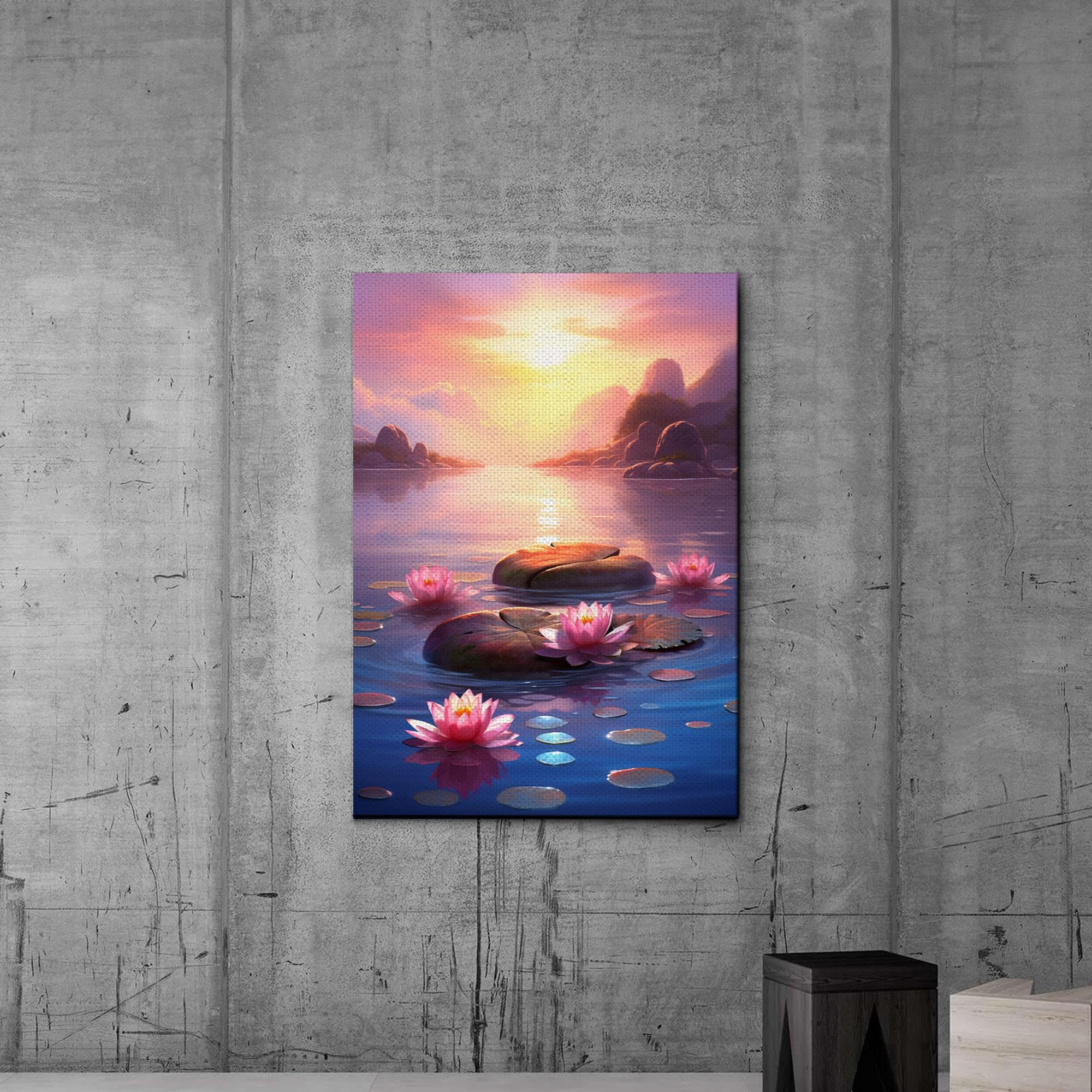 Zen Wall Art Canvas Print - Framed Zen Garden with Stone Flower & Peaceful Water Sunset Meditation Decor for Yoga Room, Living Room, and Office | Serene Scenery Home Decor