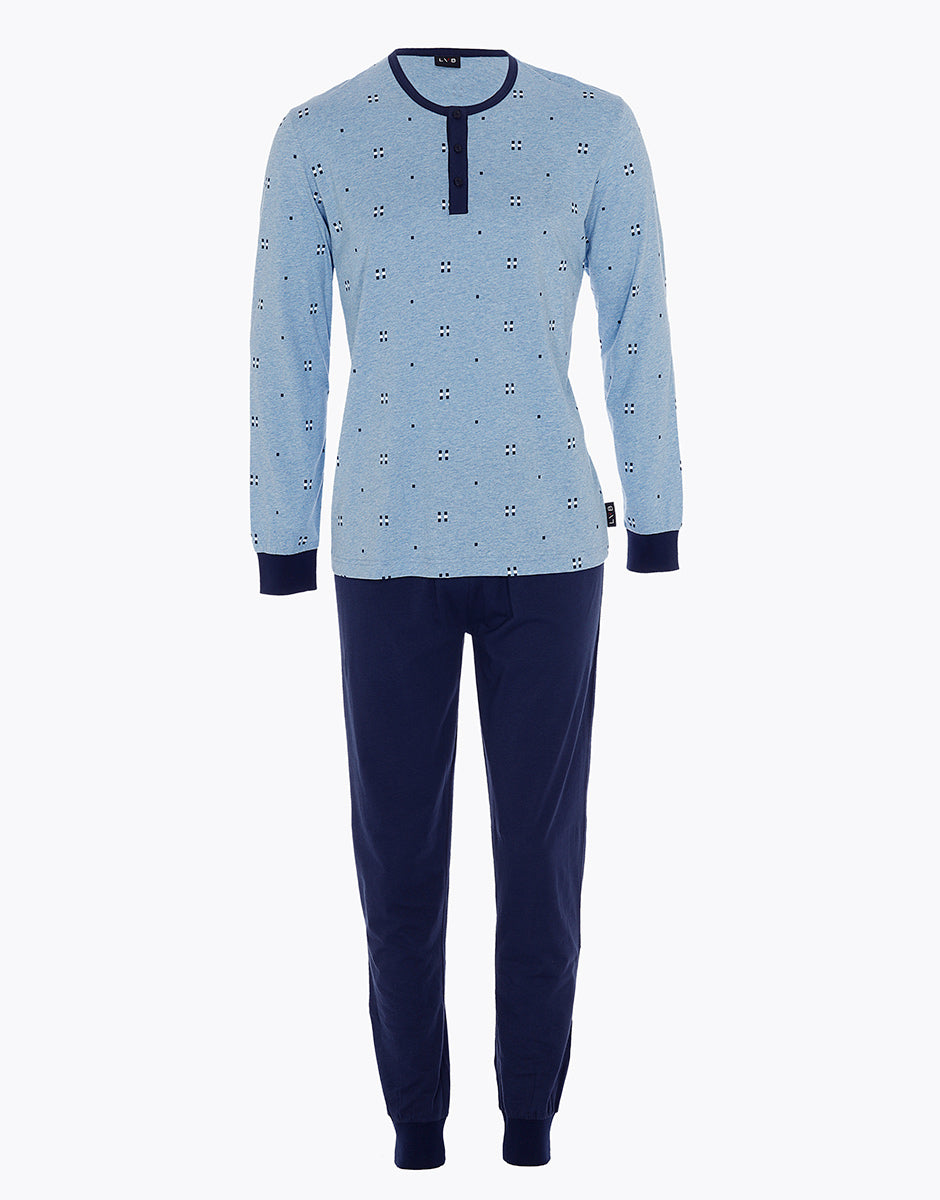 Men's Long Serafino Pajama Set in Blue Striped Jersey - Comfortable Sleepwear for Relaxing at Home or Lounging
