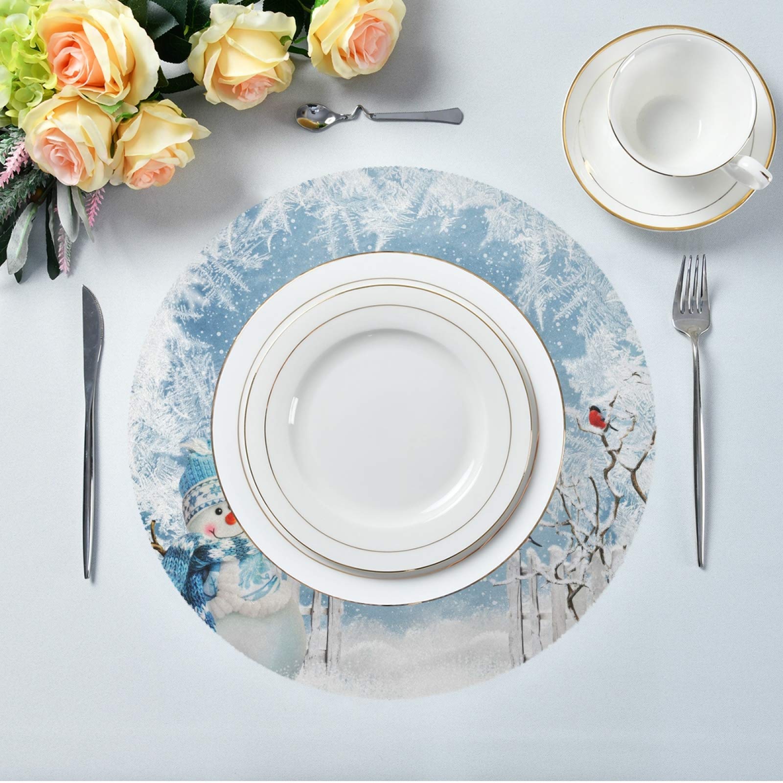 Christmas Snowman Round Placemats Set of 4 - 15 Inch Winter Holiday Table Mats with Red Truck & Cardinals Birds Design - Perfect for Kitchen Dining, Dinner Parties, Kids Holiday Celebrations & Festive Home Decor