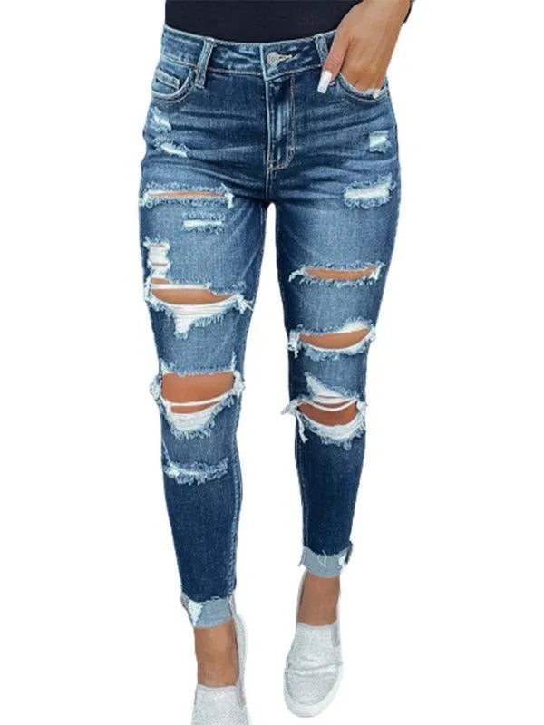 Women's Distressed Skinny Jeans with Fleece Lining - Comfortable Stretch Denim Pants for Winter, Casual Outfits & Everyday Wear