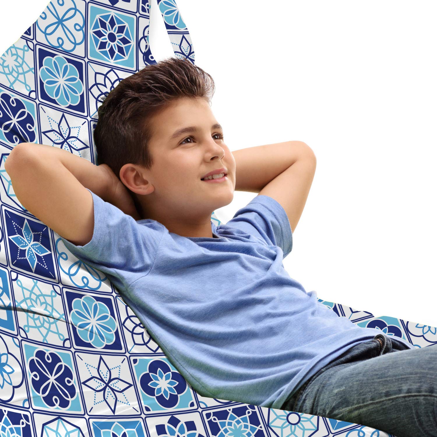 Ambesonne Azulejo Lounger Chair Bag - Large Capacity Storage with Handle - Folkloric Portuguese Floral Square Pattern - Dark Sky Blue - Perfect for Beach, Picnic, Camping & Outdoor Storage